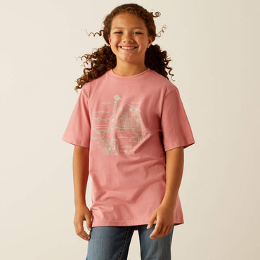Ariat Girls Farm Scene Short Sleeve Cotton Graphic Crew T-Shirt - Dusty Rose