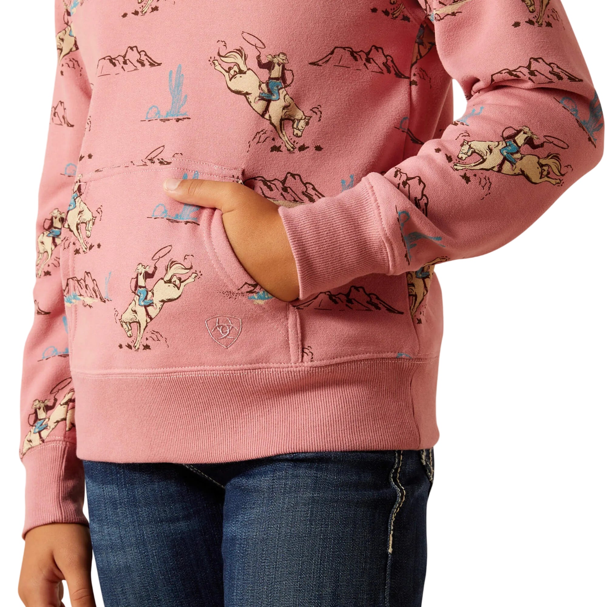 Close-up of Ariat Girls Bronc Scene 1/4 Zip Sweatshirt in pink/Bronc Toile