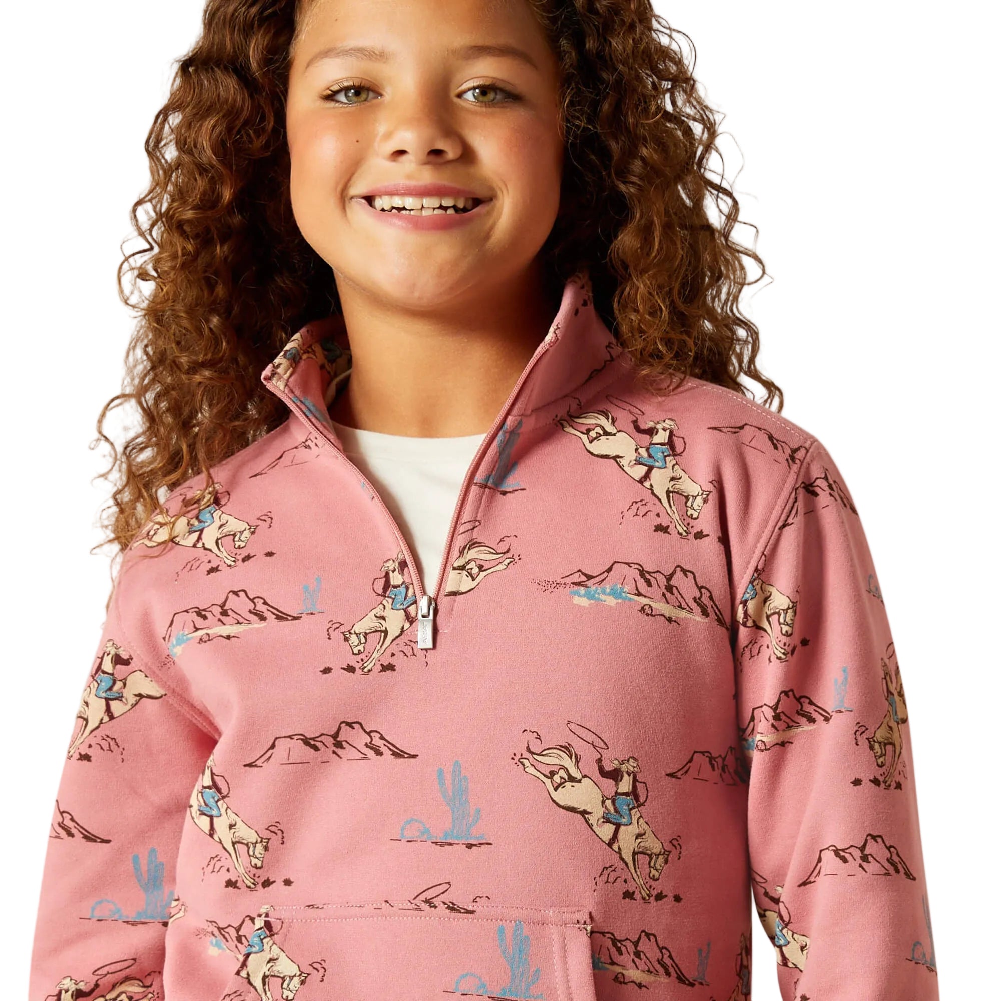 Close-up of Ariat Girls Bronc Scene 1/4 Zip Sweatshirt in pink/Bronc Toile