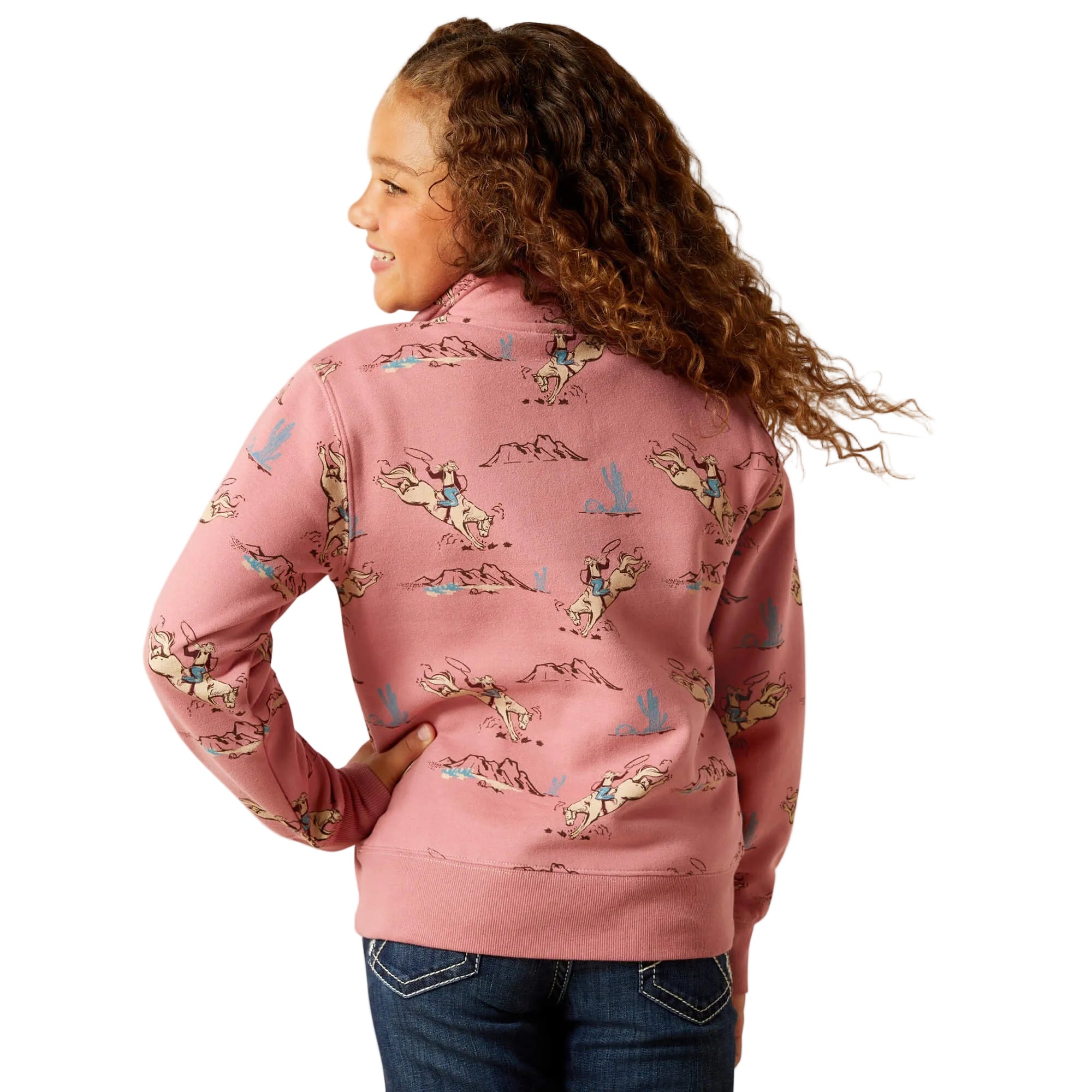 Back view of Ariat Girls Bronc Scene 1/4 Zip Sweatshirt in pink/Bronc Toile