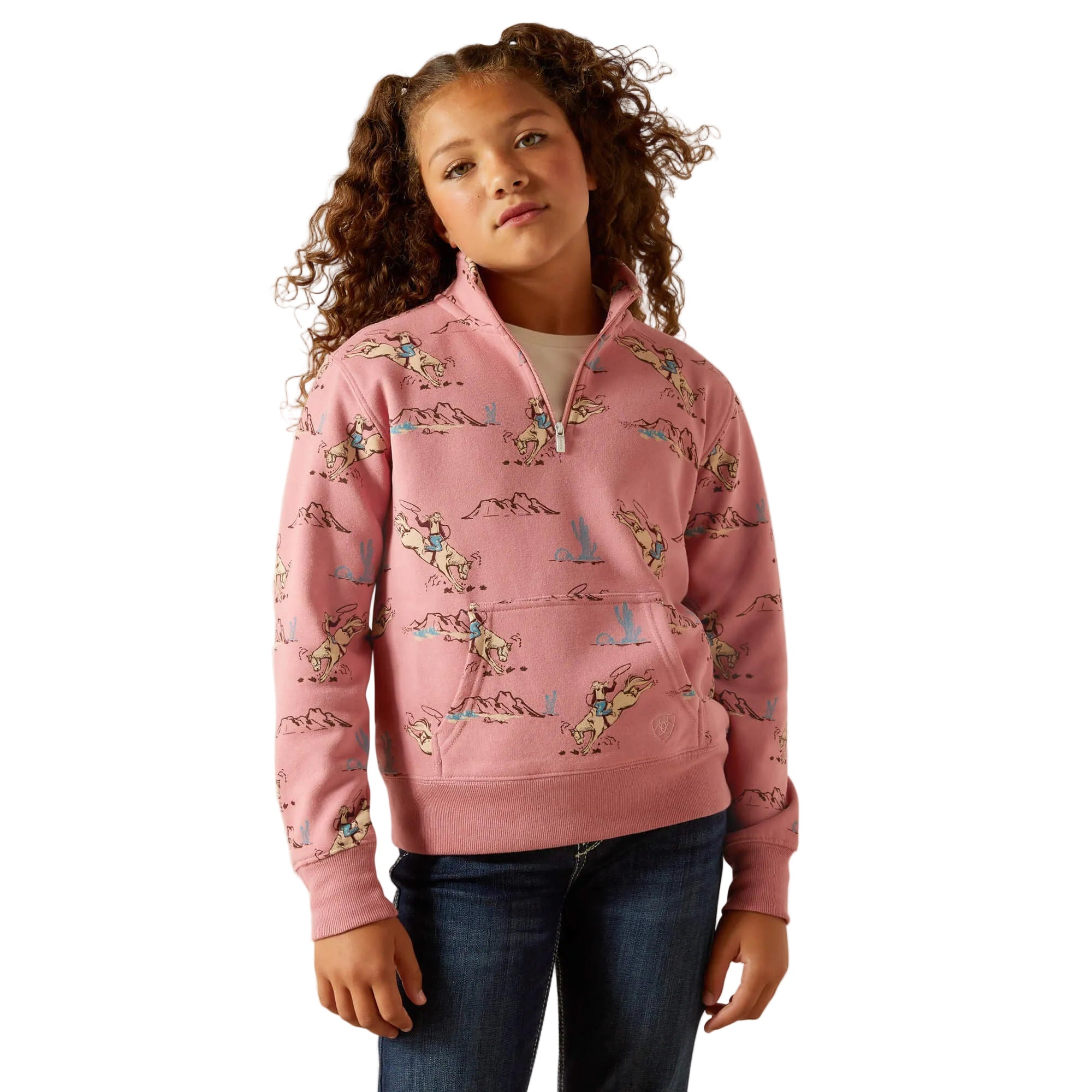 Front view of Ariat Girls Bronc Scene 1/4 Zip Sweatshirt in pink/Bronc Toile
