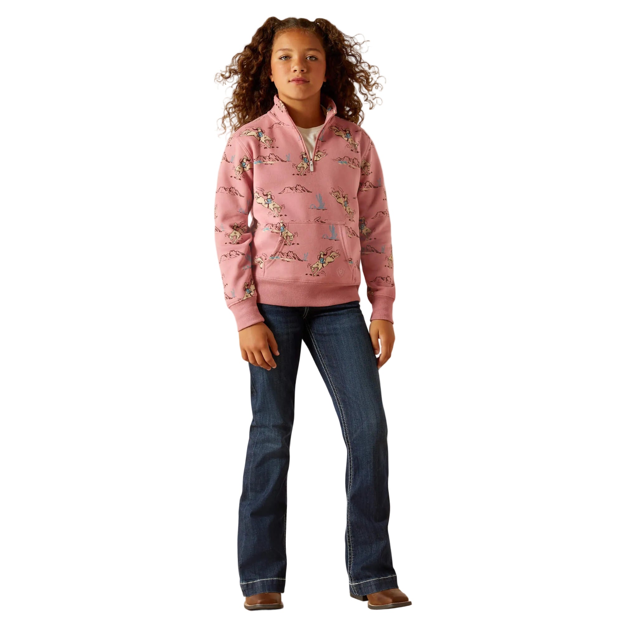 Full view of Ariat Girls Bronc Scene 1/4 Zip Sweatshirt in pink/Bronc Toile