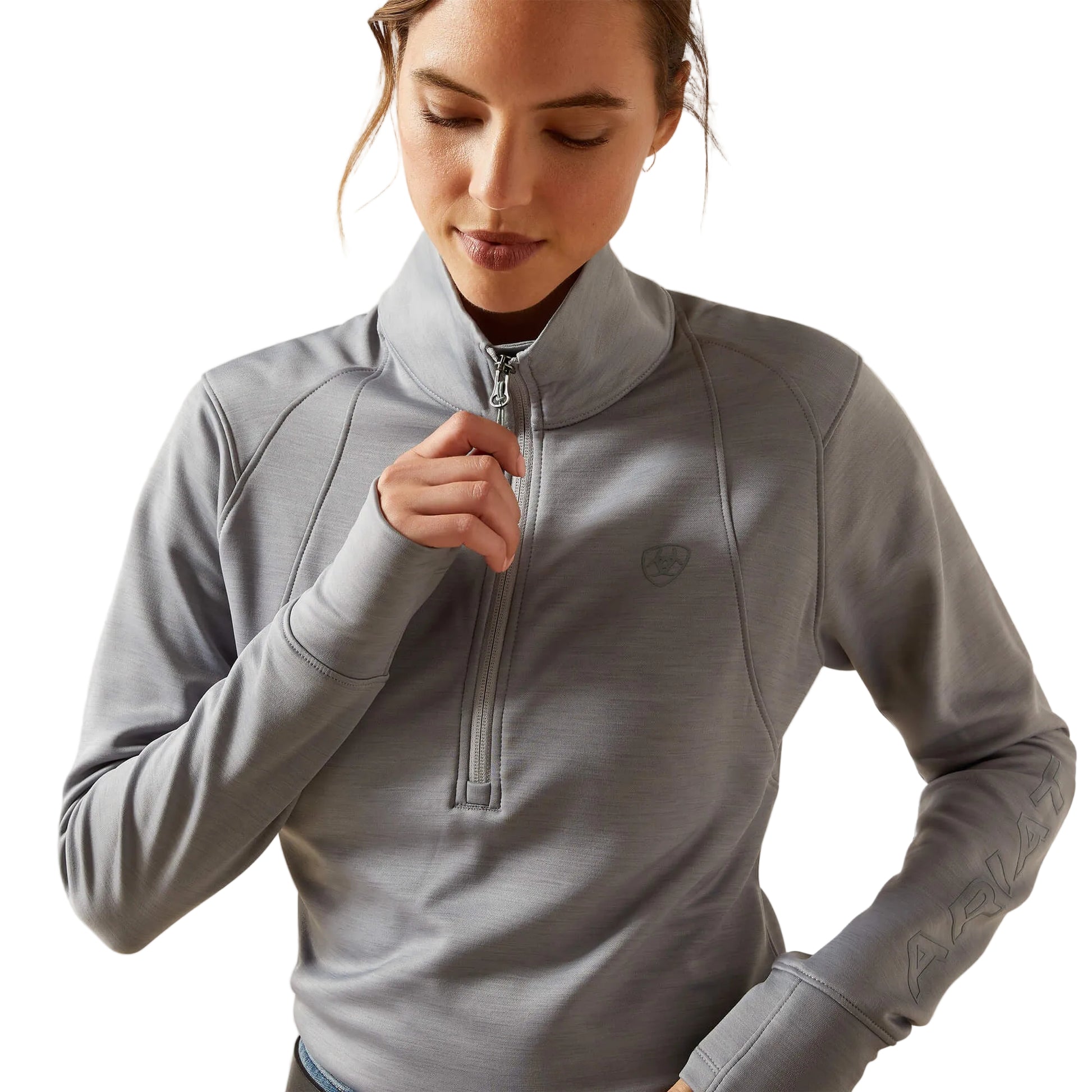Close-up view of Ariat Women's Team EQ 1/2 Zip Pullover in grey/Alloy Heather