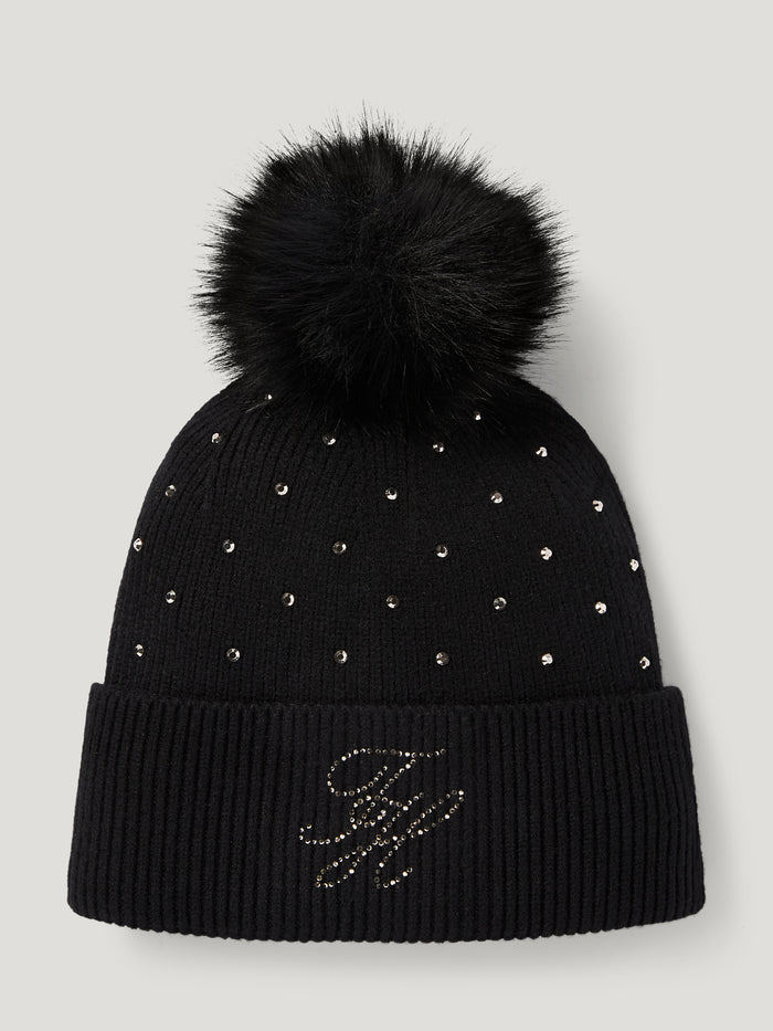 Daly Women Rhinestone Pom Pom Beanie BLACK - front view