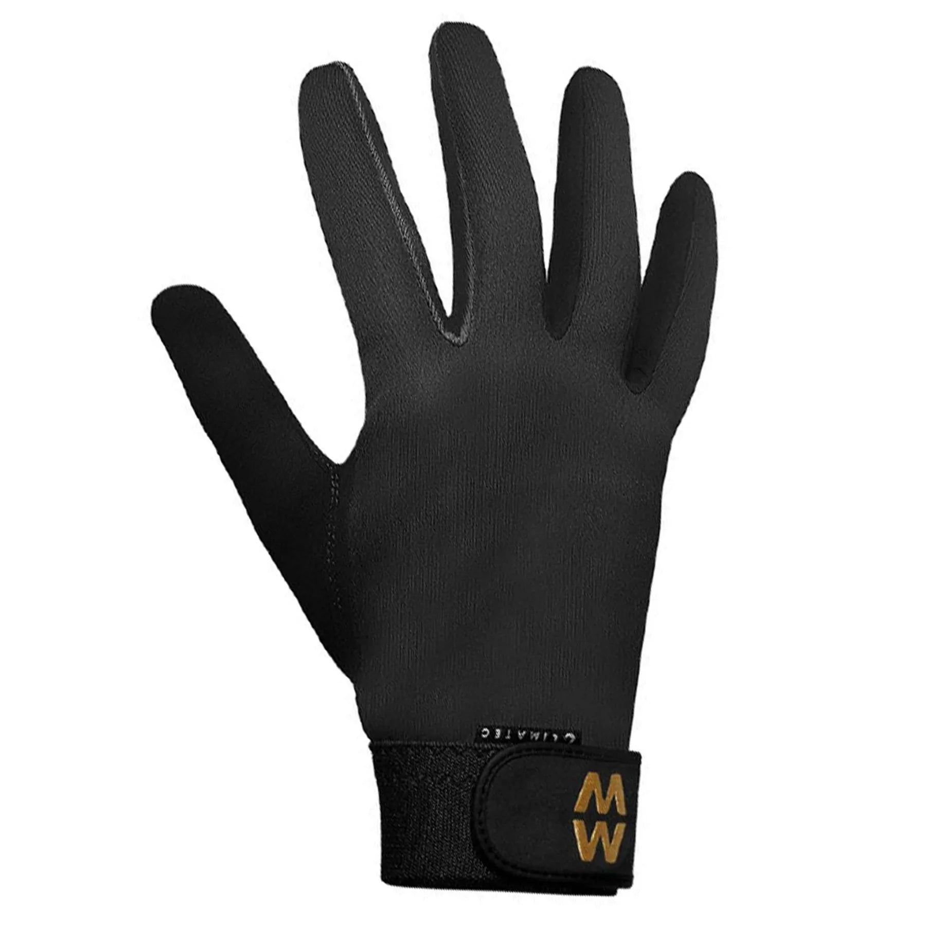 Climatec black equestrian glove with a long cuff featuring a Velcro adjustment strap, displaying the MacWet logo on the wrist.
