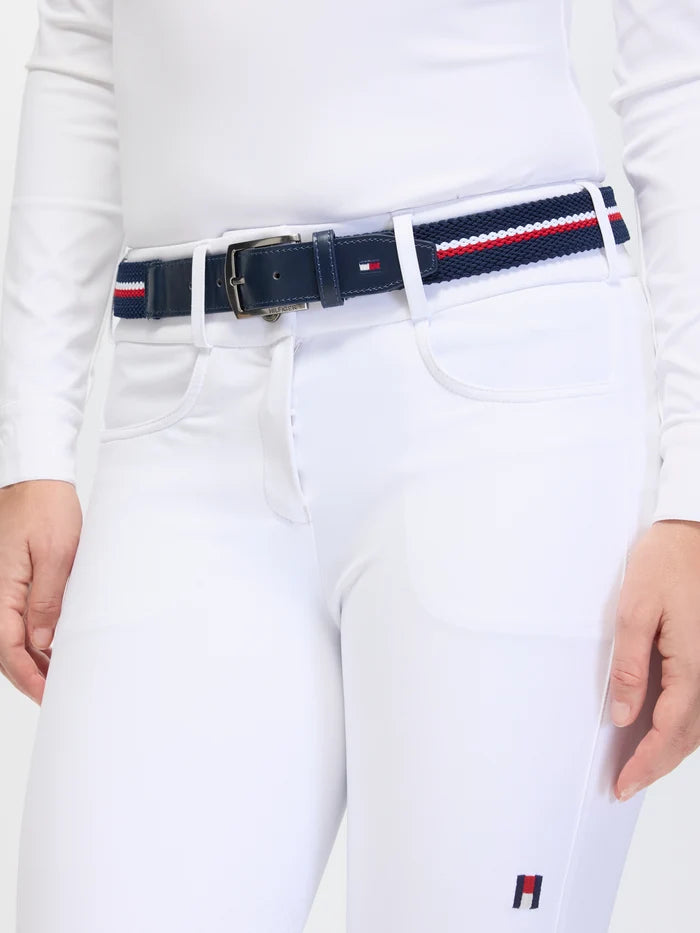Model wearing Tommy Hilfiger Anchor Elastic Belt in Desert Sky