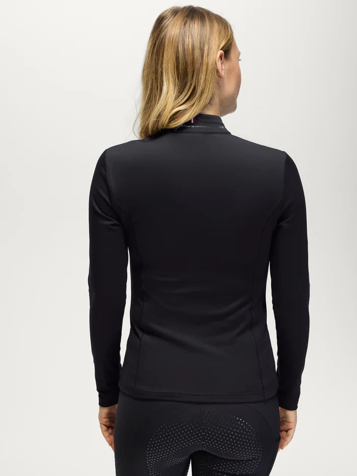 Back view of Tommy Hilfiger Women's Cady Quarter-Zip Rhinestone Training Top in Black