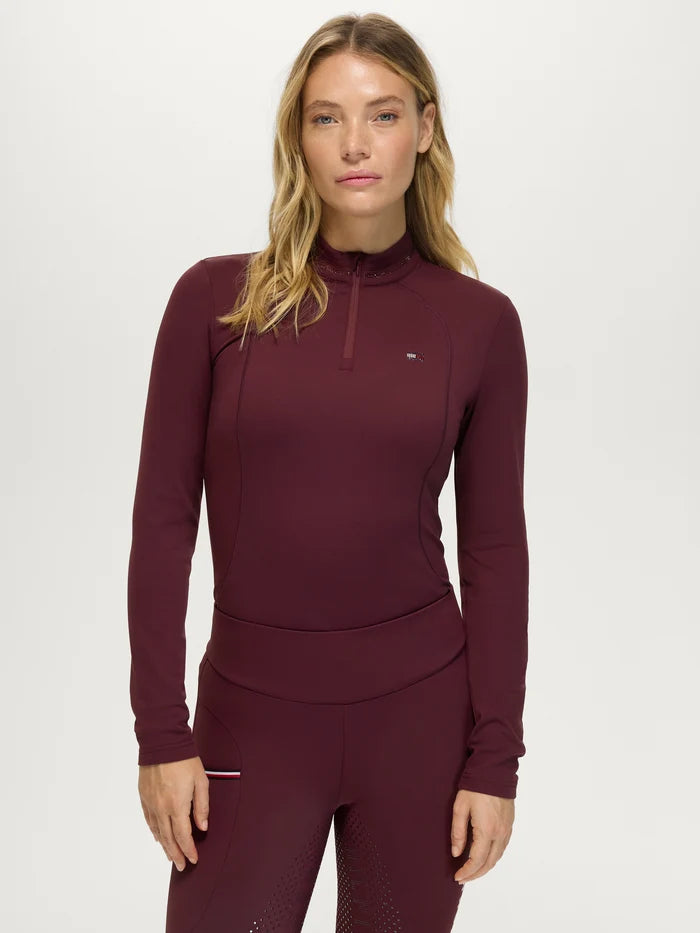 Woman wearing Tommy Hilfiger Cady Quarter-Zip Rhinestone Training Top in Burgundy