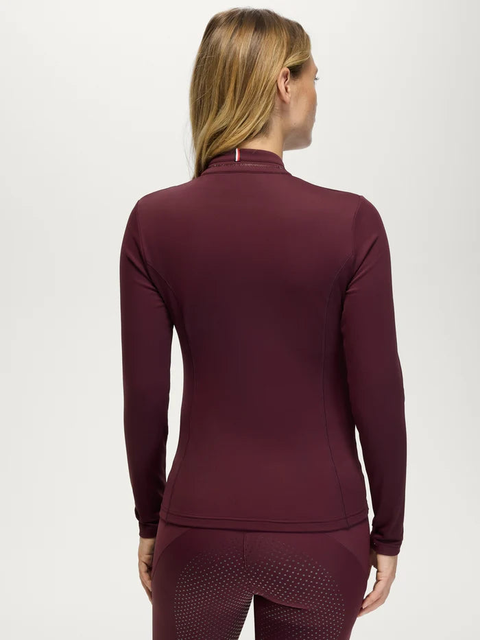 Back view of Tommy Hilfiger Women's Cady Quarter-Zip Rhinestone Training Top in Burgundy