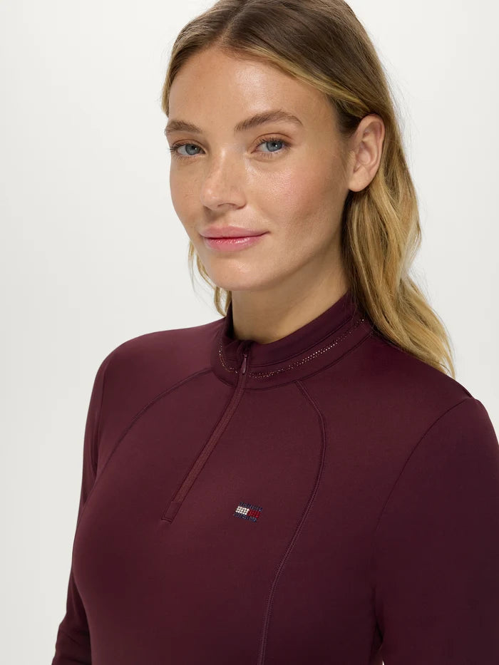 Close-up of Tommy Hilfiger Women's Cady Quarter-Zip Rhinestone Training Top in Burgundy
