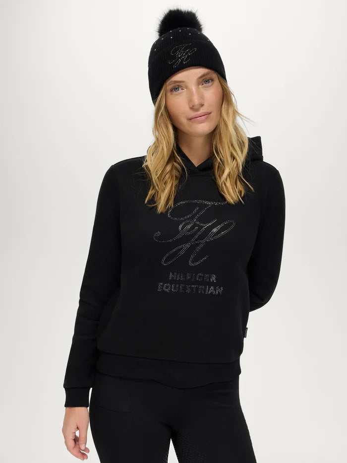 Woman wearing Tommy Hilfiger Estelle Rhinestone Hoodie in Black