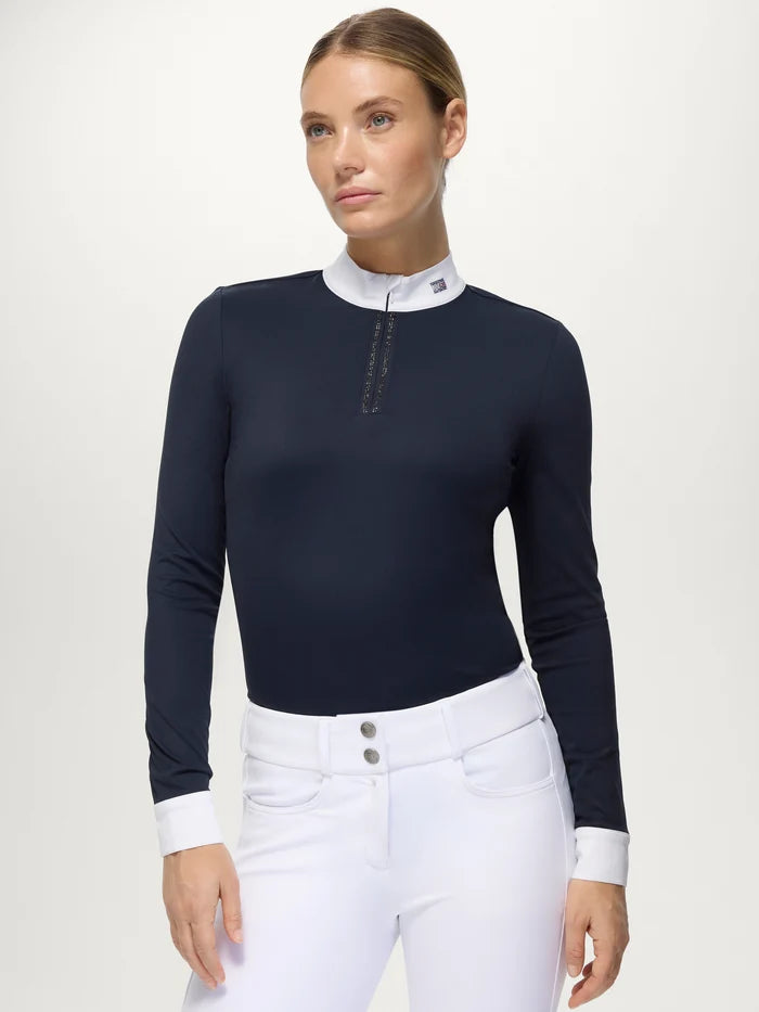 Woman wearing Tommy Hilfiger Women's Monica Rhinestone Show Shirt in Desert Sky