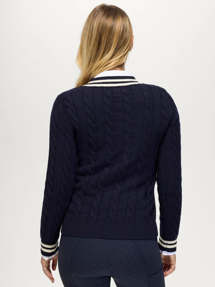 Back view of Tommy Hilfiger Women's Roseville Cable V-Neck Sweater in Desert Sky