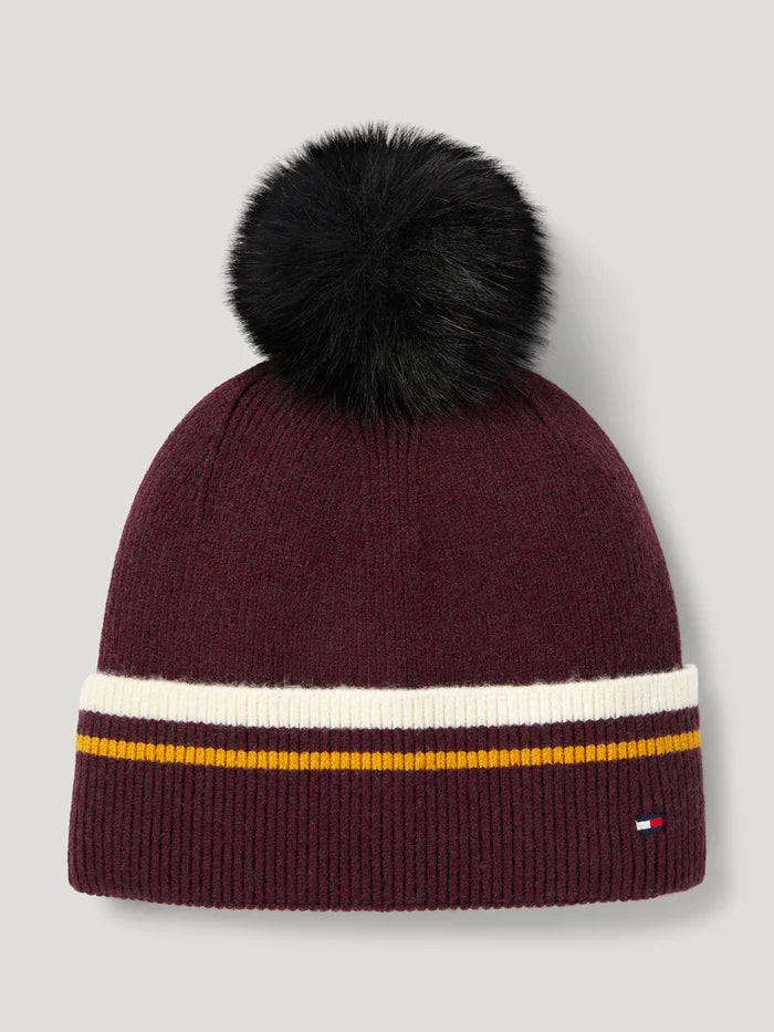 Front view of Tommy Hilfiger Dean Pom-Pom Beanie in burgundy