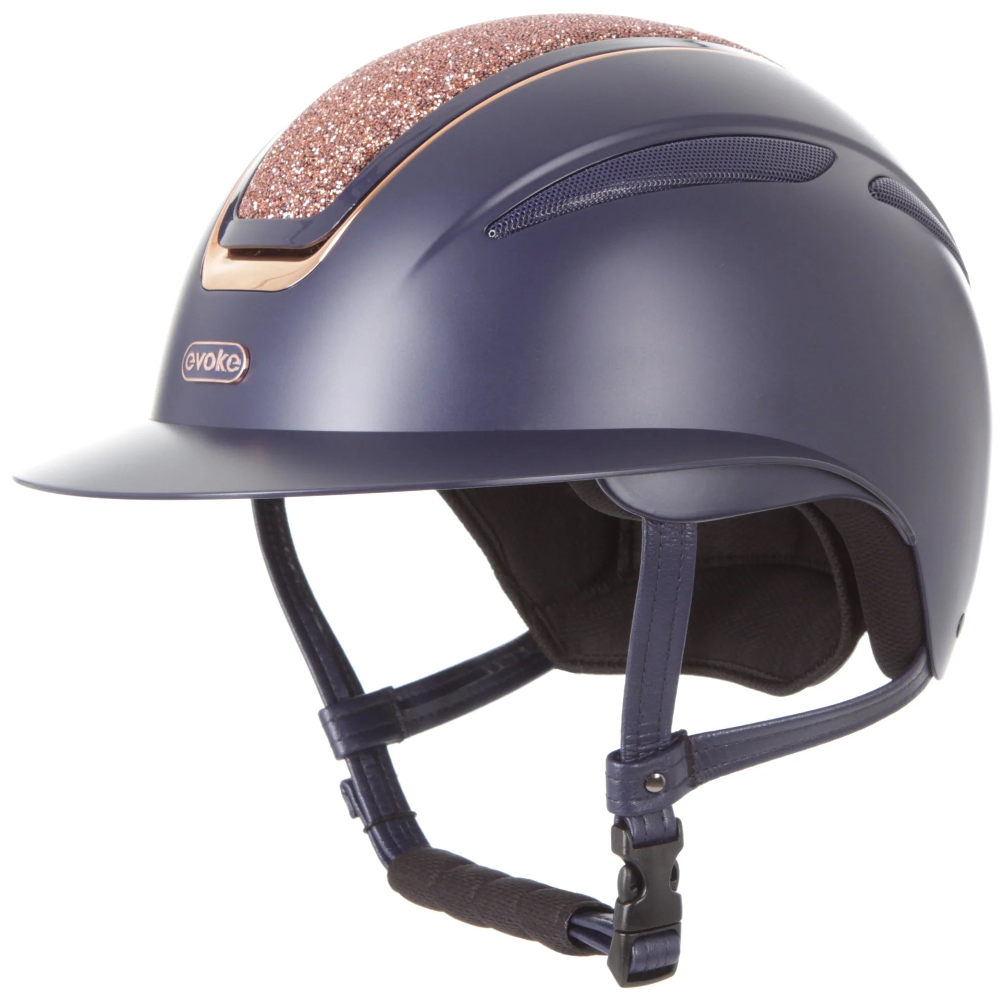 Evoke Callisto Wide Peak Riding Helmet - Navy Rose Gold Crystal