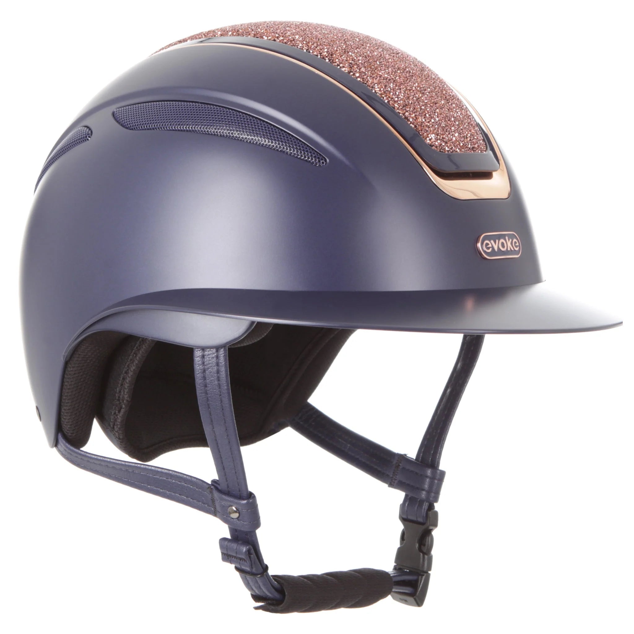 Evoke Callisto Wide Peak Riding Helmet - Navy Rose Gold Crystal