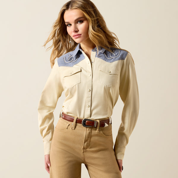 Ariat Wms Horseshoe Western LS Snap Shirt Summer Sand/Chambray